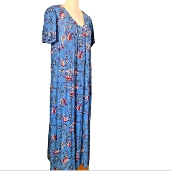 Artesia Boho Floral Tiered Maxi Dress Short Sleeve V Neck Sz M Blue Pink #242D - Picture 4 of 8